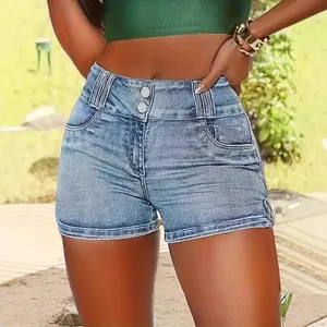 Short en Jean Taille Haute pour Femmes Sexy Moulant Levage des Hanches Hot Pants Distressed Délavé Bleu Clair Coton Denim