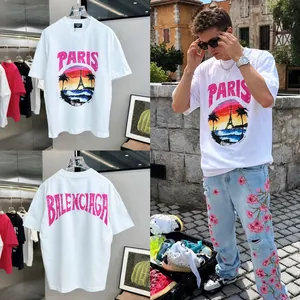 Men's street style straight leg jeans with pink floral embroidery in light blue denim