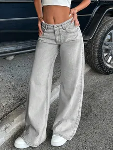Womens American retro style low-waisted light gray wide-leg straight denim jeans