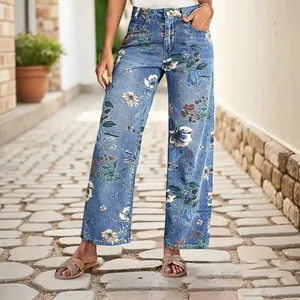 Dames Vintage Bloemenprint Denim Jeans Hoge Taille Rechte Wijde Pijpen Katoenen Broek Casual Elegant Lente Zomer