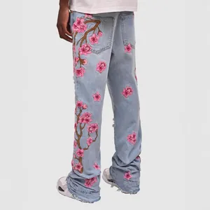 Men's light blue straight-leg jeans with pink cherry blossom floral embroidery streetwear