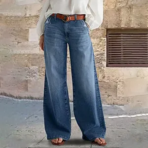 Vintage blue wide-leg denim jeans for women with stylish star embroidery on front pockets