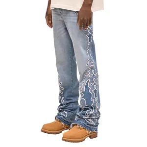 Jeans a Gamba Dritta Ricamati da Uomo in Cotone Denim con Sfumatura Strass Pantaloni Retro Streetwear a Gamba Larga Fondo a Taglio Vivo
