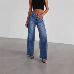 Jean Large à Taille Haute pour Femmes Élégant en Mélange de Coton Droit Ample Pantalon en Denim Longueur Sol Avec Ourlet Brut Lavé