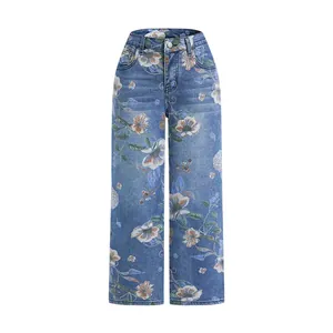 Dames denim jeans met bloemenprint, wijde pijpen, een rechte snit en modieuze hoge taille.