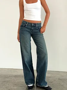 Jean denim droit à taille haute pour femmes en délavage bleu foncé vintage, modèle