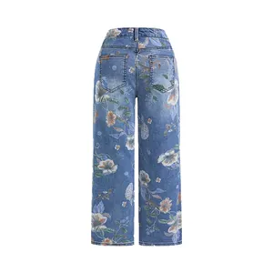 Damesjeans met bloemenprint, hoge taille, wijde pijpen, rechte pasvorm, achterkant