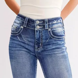 Modische Slim-Fit-Damenjeans mit hoher Taille, weißen Kontrastnähten und Stickerei