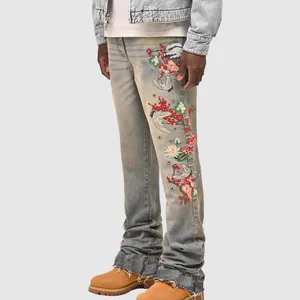 Men's Distressed Blue Straight Leg Jeans Cotton Washed Patchwork Embroidery Crane Koi Floral Pattern Streetwear Bottom