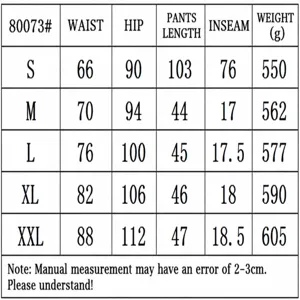 Detailed size chart for model 80073 women's slim-fit wide-leg trousers with measurements