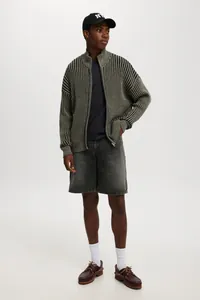 Professional detailed view of men's casual denim shorts with a versatile grey wash finish