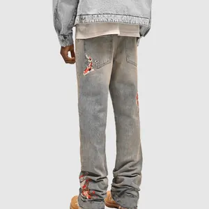 Men's street fashion straight-leg jeans with koi fish and floral embroidery