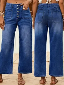 Detail showing front and back view of women's high-waisted button fly loose fit cropped denim jeans
