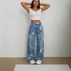 Jeans en denim à jambe large et imprimé floral de style streetwear pour femmes chic