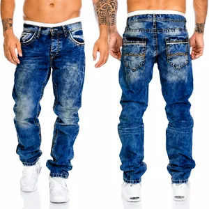 Mens straight leg denim jeans with hip-hop style contrast stitching and washed blue finish