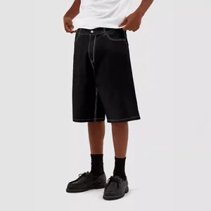 European style men's baggy black denim shorts featuring white contrast stitching design