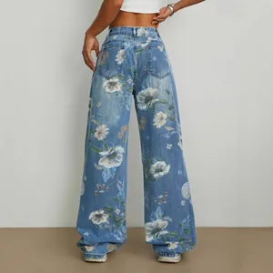 Jean en denim ample à jambes larges avec imprimé floral taille haute vue arrière