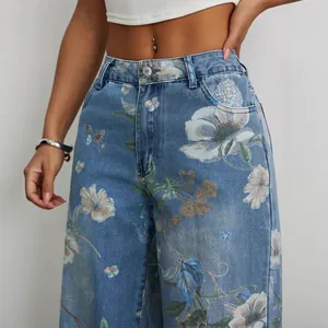 Jean en denim à imprimé floral vintage, taille haute et jambe large style urbain