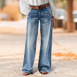 Women's vintage light blue wide-leg denim jeans with casual straight-cut style