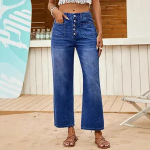 Women's high-waisted button fly wide leg denim jeans with stylish front patch pockets