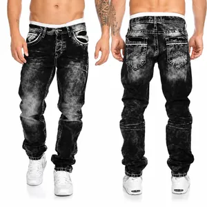 Men's straight-leg black distressed denim jeans featuring contrast stitching details