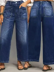 Vista detallada frontal y trasera de vaqueros de pierna ancha lavados vintage para mujer