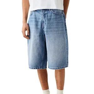 Men's loose light blue denim shorts in a relaxed mid-length streetwear style.