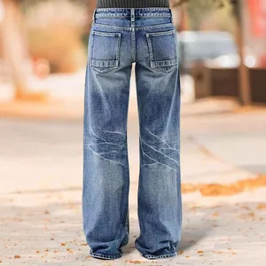 Casual women's straight-leg denim jeans featuring vintage wash and back pocket detail