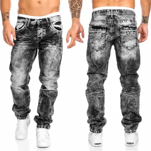Men's hip hop style straight leg acid wash denim jeans in stylish grey wash finish