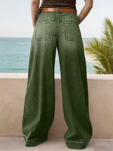 Detail back view of women's olive green wide-leg straight denim pants