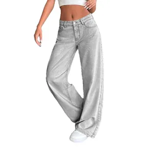 American retro low-waist wide-leg jeans for women in light grey washed denim fabric