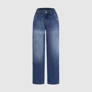 Classic high-waisted blue denim wide-leg jeans with vintage washed effect for women