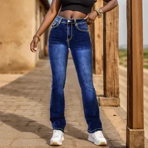 Eleganti jeans a zampa a vita alta blu scuro da donna con cuciture a contrasto