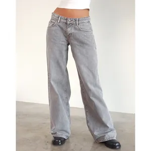Womens vintage low-waist washed grey wide-leg denim jeans for autumn street style