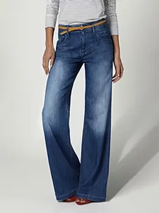Vaqueros de mezclilla de talle alto y pierna ancha para mujer en acabado azul oscuro