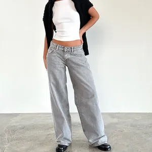 Jean vintage à taille basse et jambes larges délavé gris pour femme, style urbain