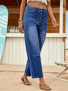 Women's stylish high-waisted button-front wide-leg denim cropped pants in blue wash