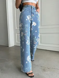 Detailed view of high-waist straight-leg denim jeans with vintage blue floral print