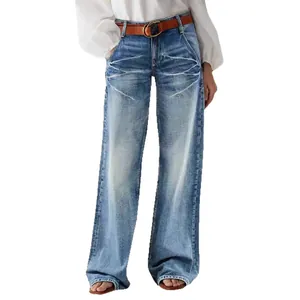 Stylish high-waist wide-leg blue denim jeans for women with vintage whisker wash details