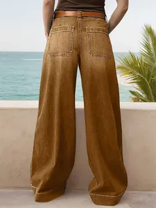 Back view of brown wide-leg denim jeans for women, showing pocket details and loose fit.