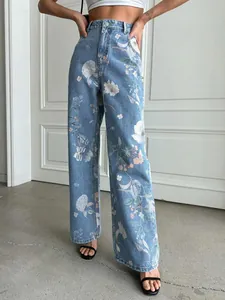 Full view of vintage floral print high-waisted wide-leg denim jeans for women