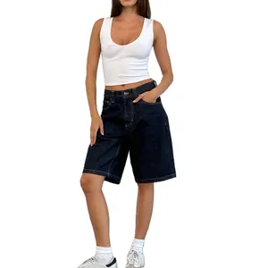 Classic women's dark blue denim bermuda shorts with a slim fit in European style
