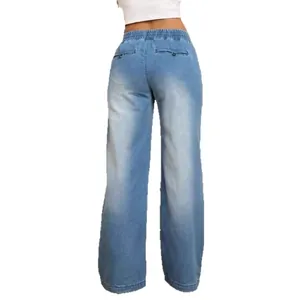 Jean denim décontracté pour femme à jambe droite bleu clair avec taille haute élastiquée
