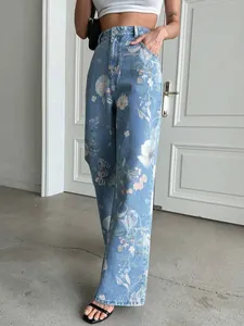 Stylish high-waisted straight-leg denim jeans with vintage floral print in light blue