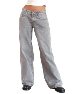Jean en denim gris vintage à taille basse et jambe large coupe droite street