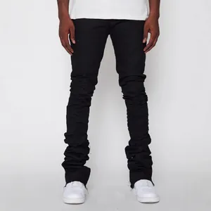Men Streetwear Black Stacked Jeans Slim Fit Stretchy Cotton Denim Pants Washed Ruched Hip Hop Stacked Trousers For Men