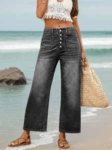 High-waisted grey wide-leg cropped jeans for women with a stylish button-down front.