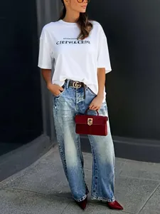 Street style model view of nostalgic light wash wide-leg denim jeans for casual women outfits
