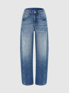 Full-length front view of high-waisted wide-leg jeans with vintage washed blue denim finish