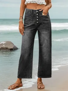 Stylish high-waisted button-fly wide-leg cropped jeans in faded black denim for summer